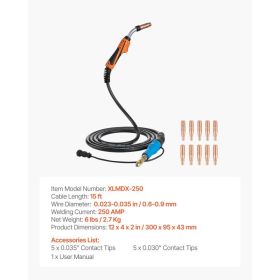 250A MIG Welding Gun With 15FT Cable, Replacement For Miller MDX-250 - With 11PCS Mig Welding Contact Tips (Option: Black)