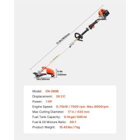 String Trimmer, 26cc 2 In 1 Weed Wacker Gas Powered, 17" Cordless Grass Trimmer With 10" Brush Cutter, Shoulder Strap & 3T Blade, 2-Stroke Heavy- (Option: Black)