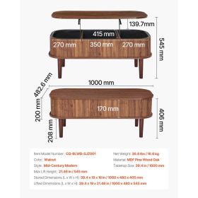 39.4 In Lift Top Coffee Table, Fluted Oval Coffee Table With 3 Hidden Compartment, Mid Century Wooden Oval Center Desk With Storage, Lift Up Tabl (Option: Black)