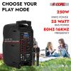 5 Core Party Speaker Bluetooth 250W Big Monster Powered Rechargeable Outdoor PA DJ System w Disco Lights 2 Wireless Karaoke Mics Portable Rolling Spea
